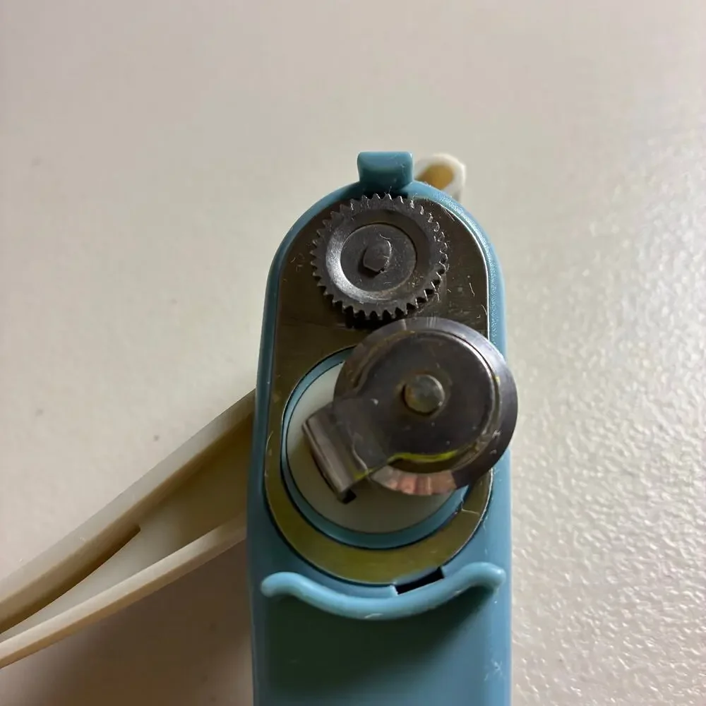 Vintage Blue White Manual Can Opener Handheld Retro Kitchen Gadget MCM